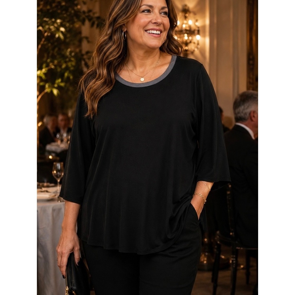 Grace Woman Knit Top Black 2X Satin Trim‎ 3/4 Sleeve Pleated Back